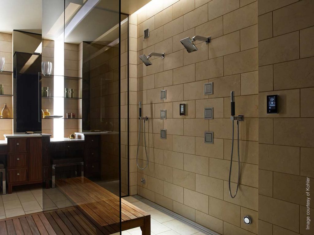 Walk-in steam shower in a modern luxury bathroom