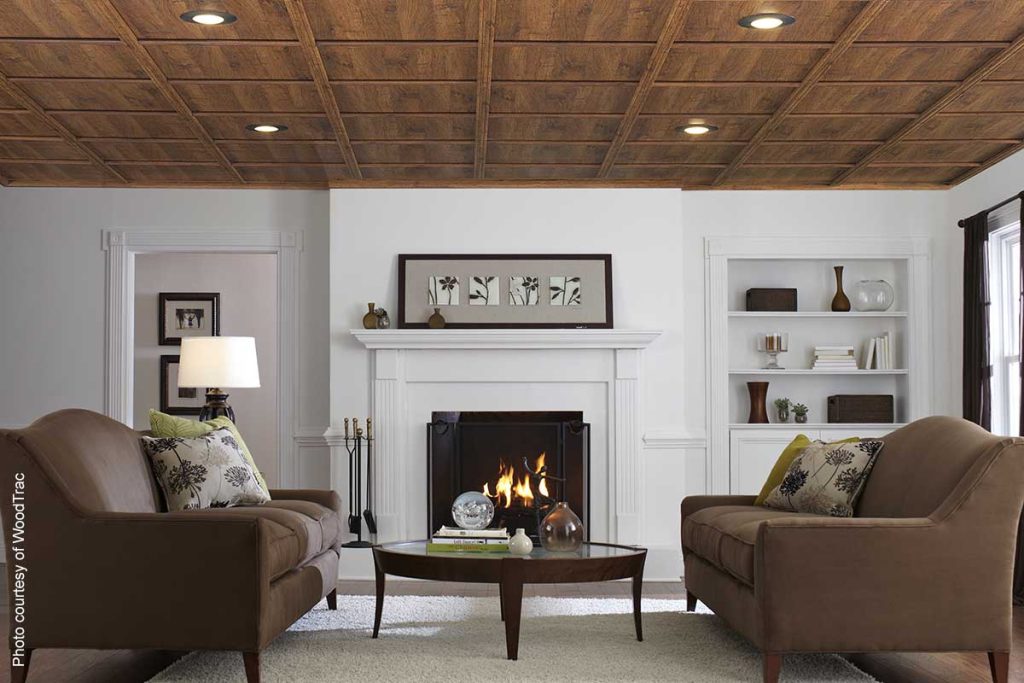 Natural woodgrain tile ceiling type in living room with white walls.
