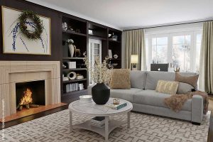 Light stone fireplace design in a dark brown living room