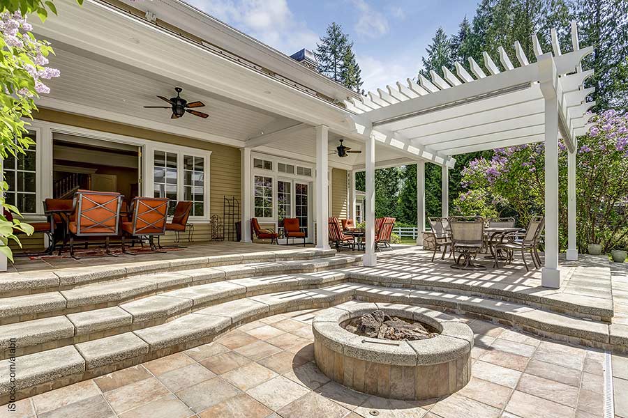 Exterior living spaces, with fire pit and pergola, for entertaining.