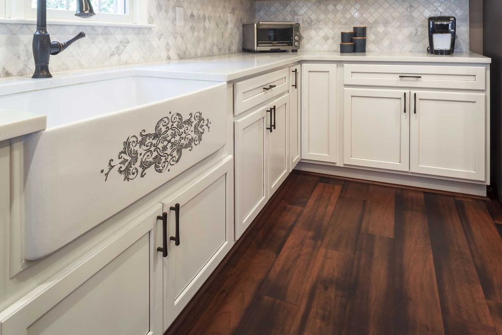 Close-up on shaker-style kitchen cabinets has a timeless look and feel