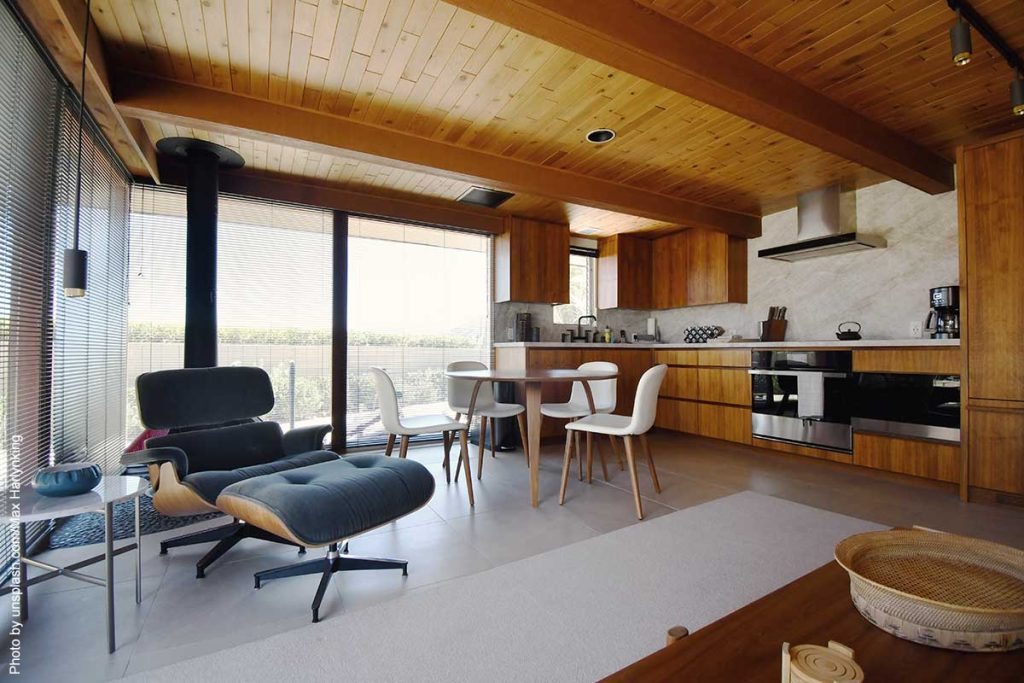 Mid-century modern home interior, including an Eames lounge chair