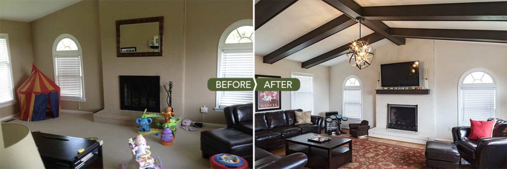 Before and after of minor remodel where decorative elements were added such as the beams on ceiling and a fireplace mantel
