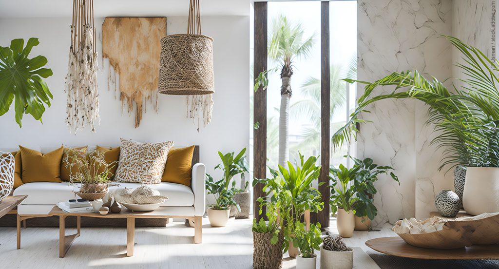 Living room example of home remodeling trends like biophilic design that brings natural elements into home