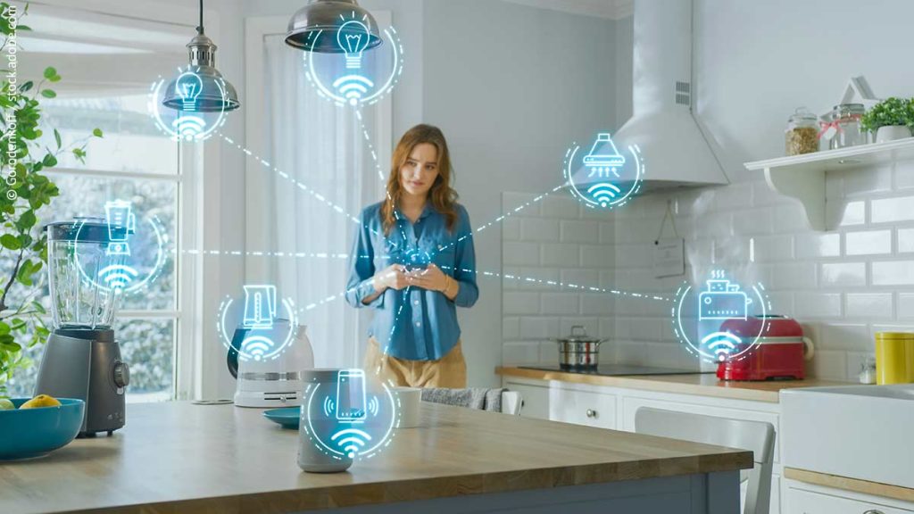 Young Woman Using Smartphone in Kitchen to control her appliances. Graphics Showing Digitalization Visualization of Connected Home Automation Devices